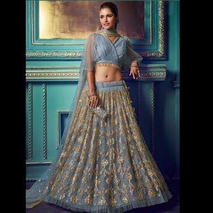 Dusty Blue Floral Embroidered Lehenga | Indian wedding attire